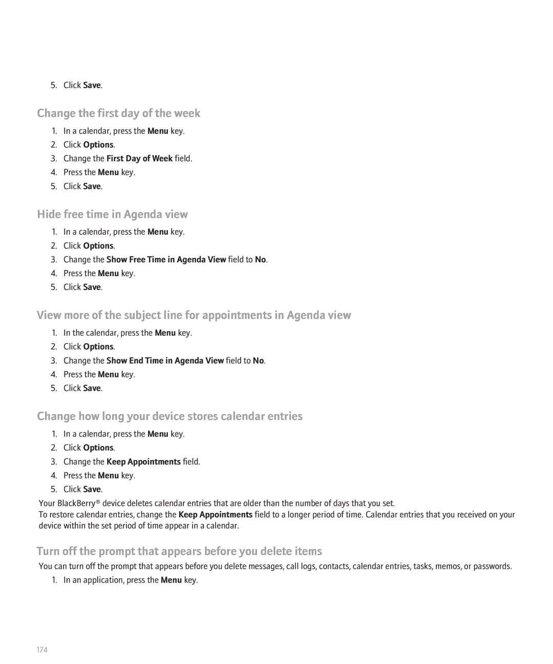 Blackberry 8130 manual Change the first day of the week, Hide free time in Agenda view 