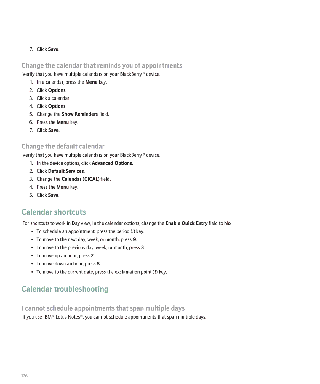 Blackberry 8130 Calendar troubleshooting, Change the calendar that reminds you of appointments, Click Default Services 