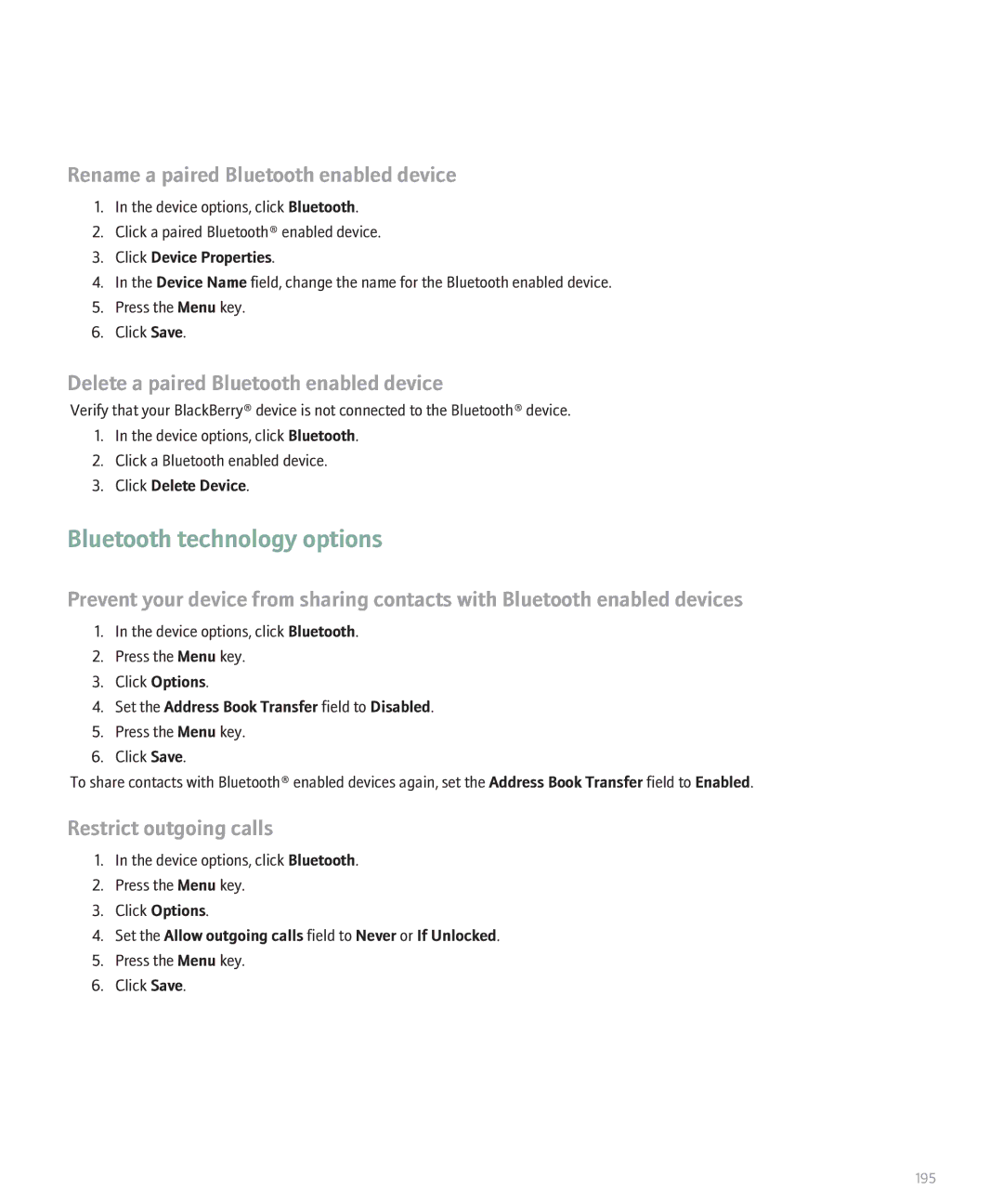 Blackberry 8130 manual Bluetooth technology options, Rename a paired Bluetooth enabled device, Restrict outgoing calls 