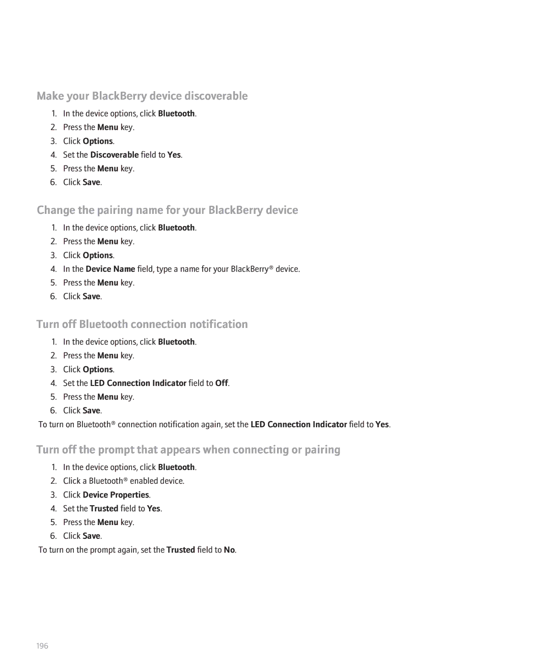 Blackberry 8130 manual Make your BlackBerry device discoverable, Change the pairing name for your BlackBerry device 