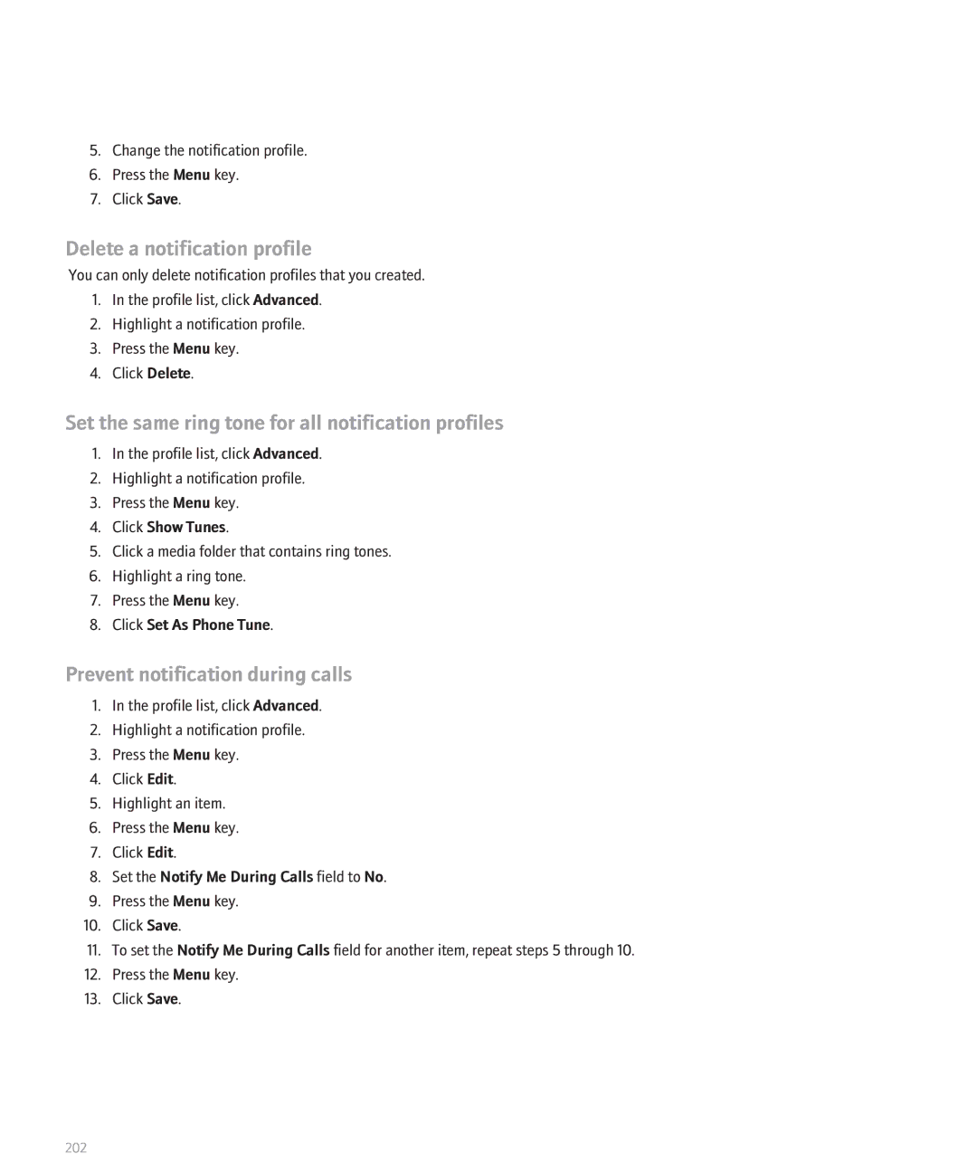 Blackberry 8130 manual Delete a notification profile, Set the same ring tone for all notification profiles 