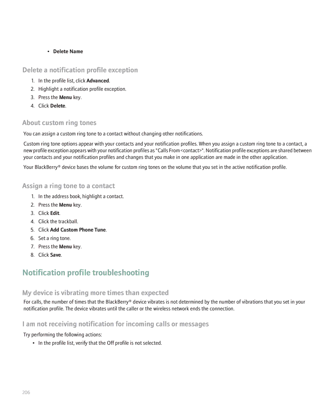 Blackberry 8130 manual Notification profile troubleshooting, Delete a notification profile exception, Delete Name 