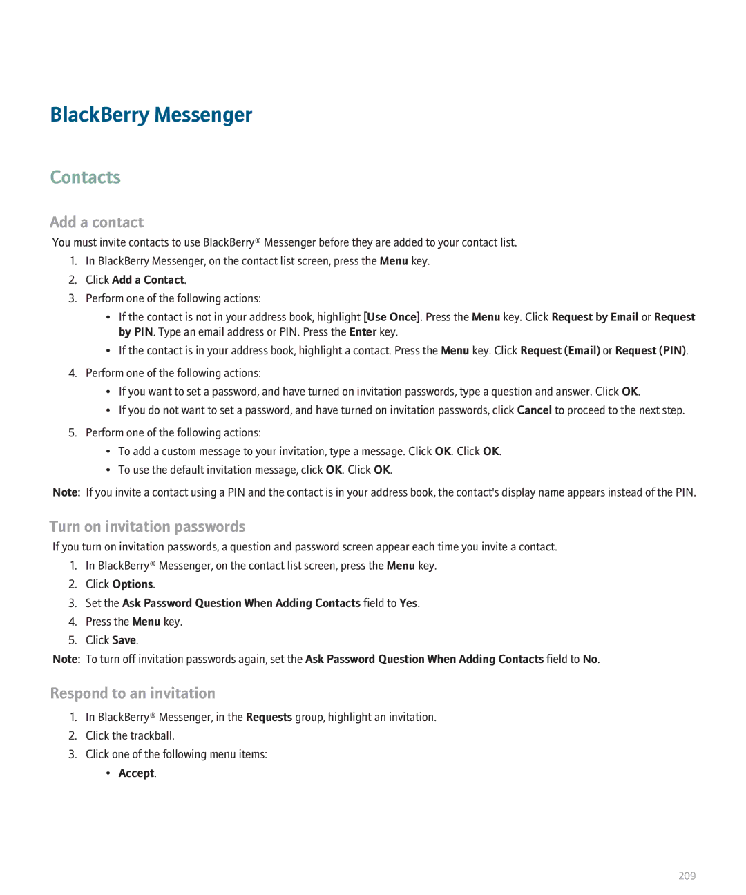 Blackberry 8130 manual BlackBerry Messenger, Contacts, Turn on invitation passwords, Respond to an invitation 