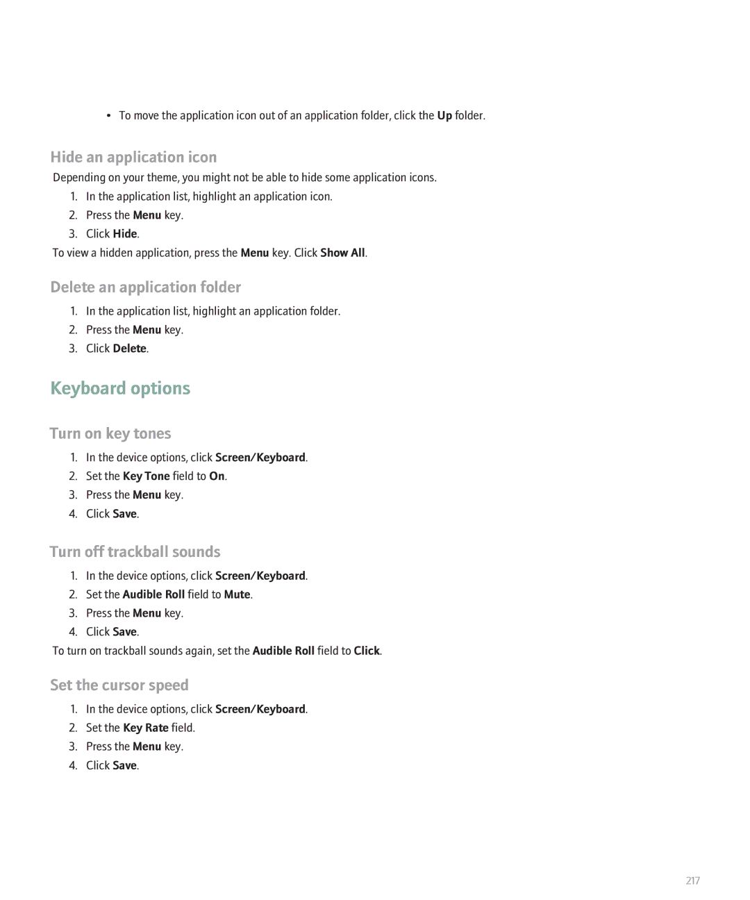 Blackberry 8130 manual Keyboard options, Hide an application icon, Delete an application folder 