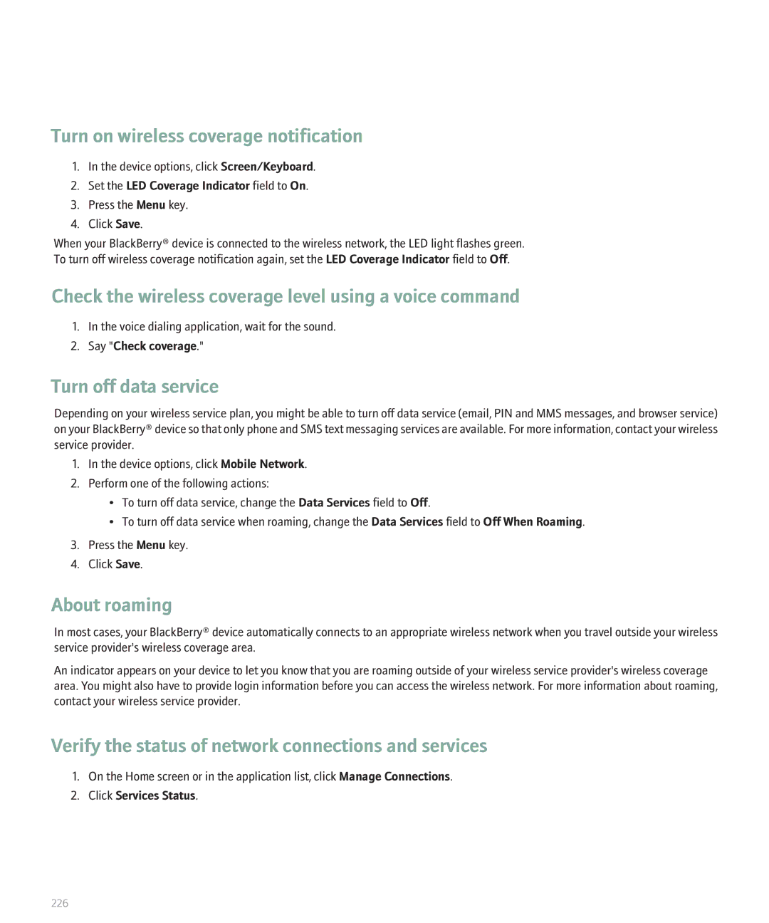 Blackberry 8130 manual Turn on wireless coverage notification, Turn off data service, About roaming, Click Services Status 