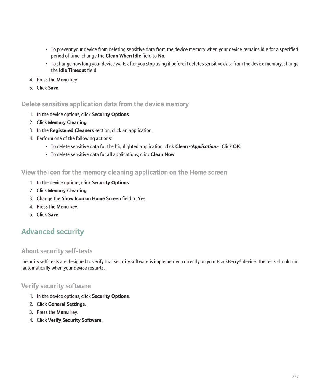 Blackberry 8130 Advanced security, Delete sensitive application data from the device memory, About security self-tests 