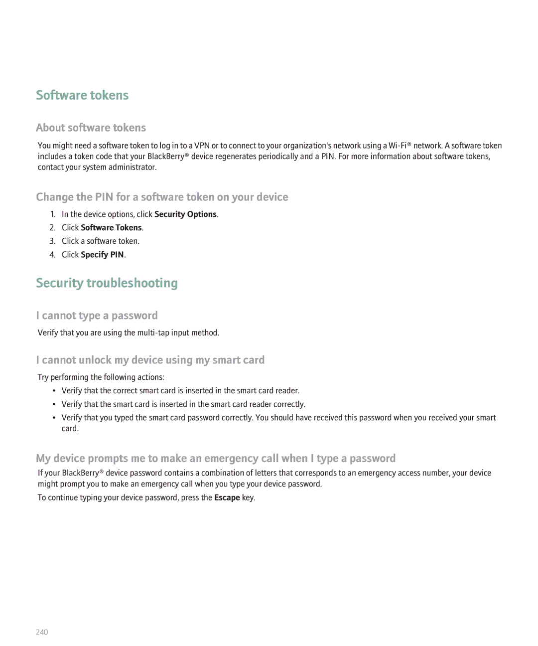 Blackberry 8130 manual Software tokens, Security troubleshooting, About software tokens 
