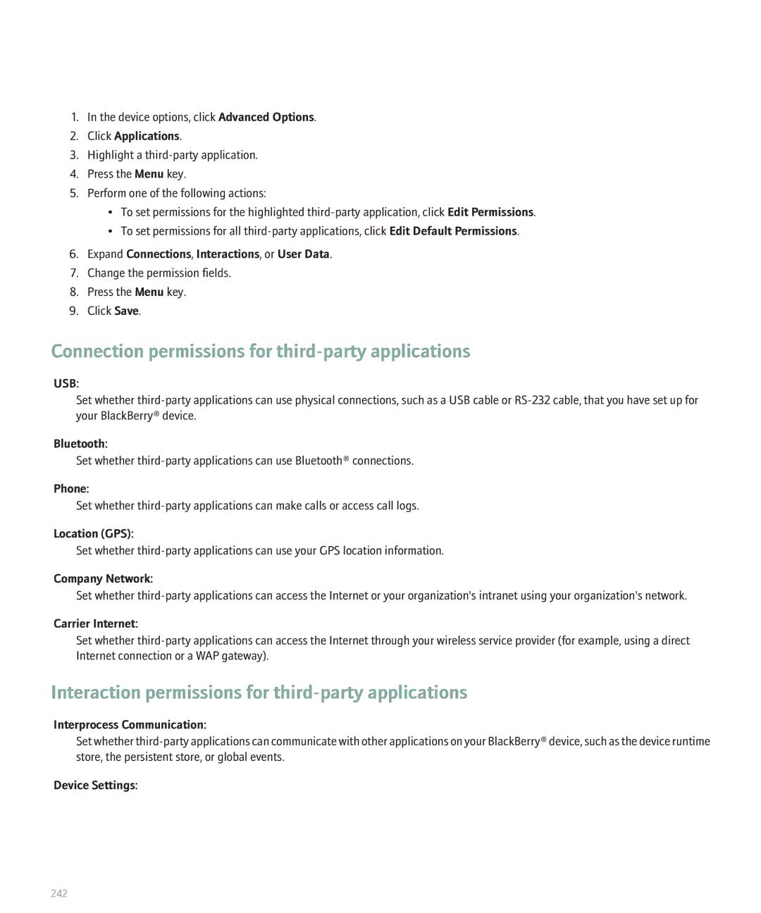 Blackberry 8130 Connection permissions for third-party applications, Interaction permissions for third-party applications 