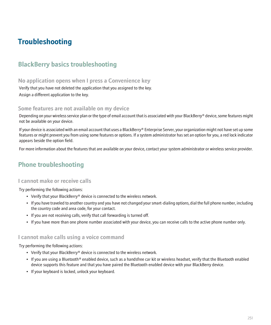 Blackberry 8130 manual Troubleshooting, BlackBerry basics troubleshooting 