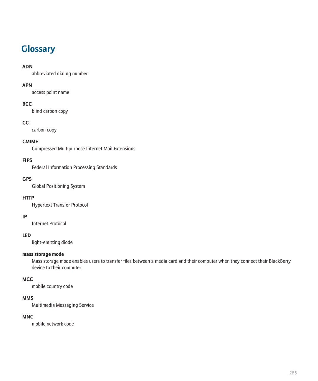 Blackberry 8130 manual Glossary, Mass storage mode 