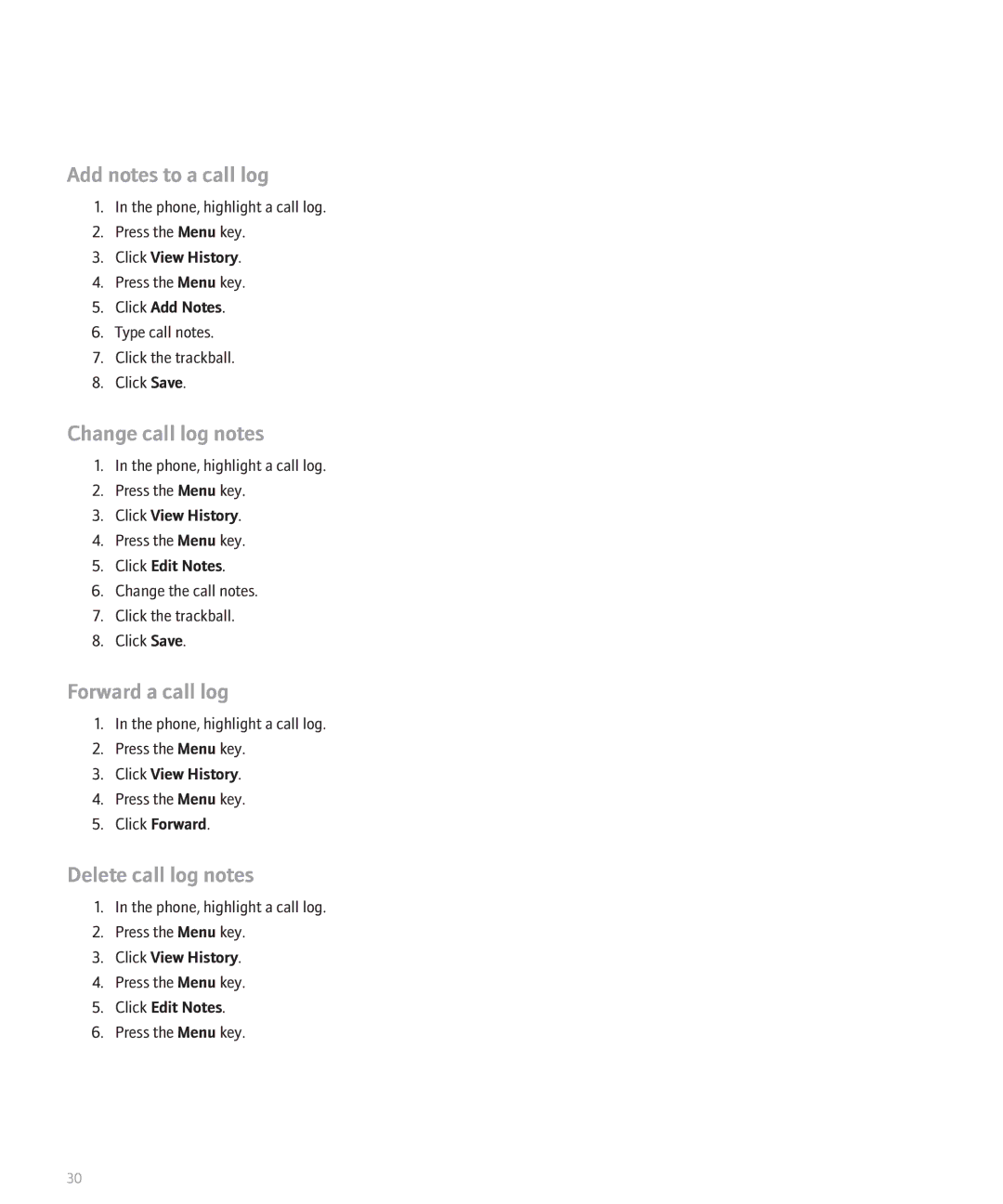 Blackberry 8130 manual Add notes to a call log, Change call log notes, Forward a call log, Delete call log notes 