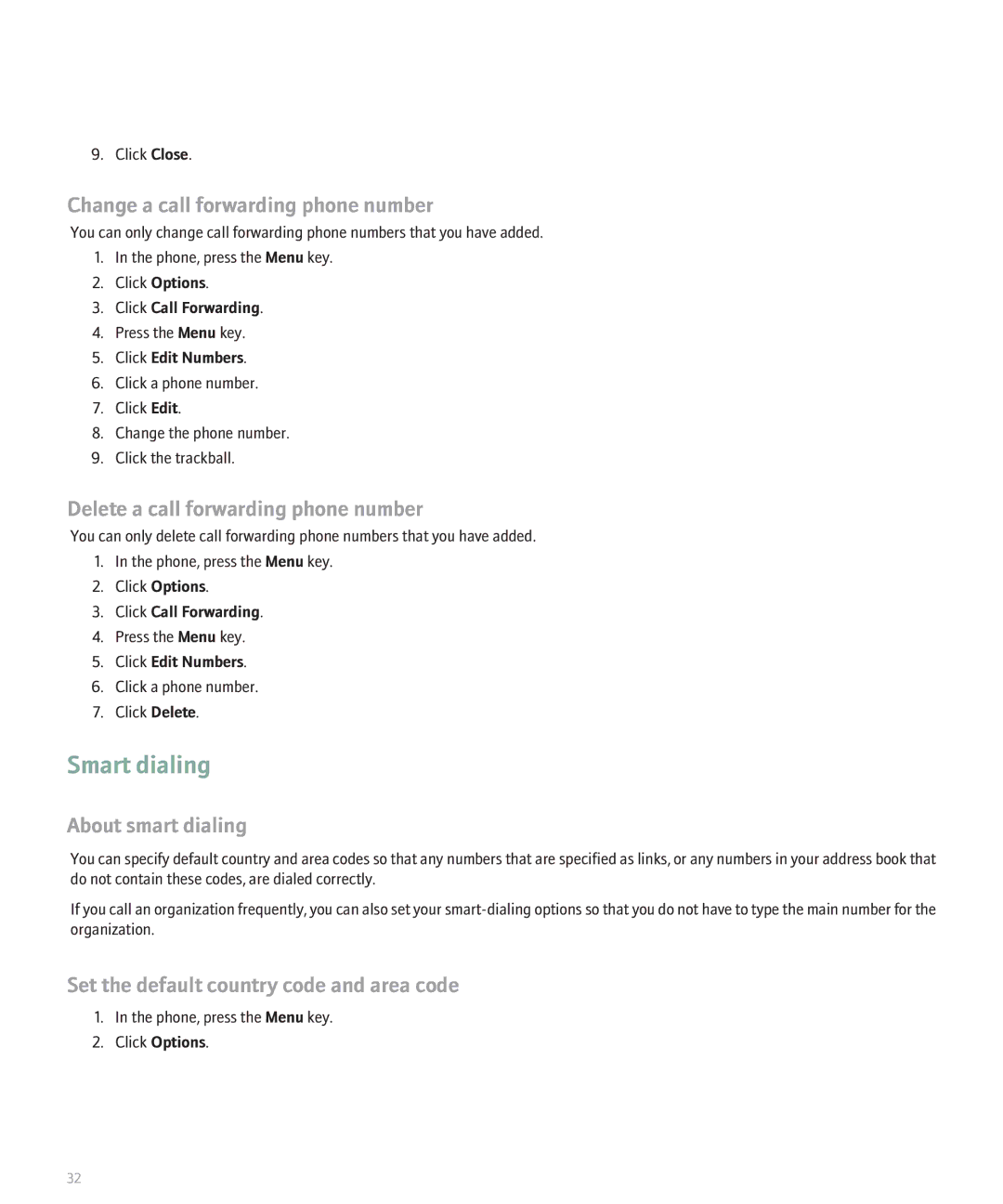 Blackberry 8130 manual Smart dialing, Change a call forwarding phone number, Delete a call forwarding phone number 