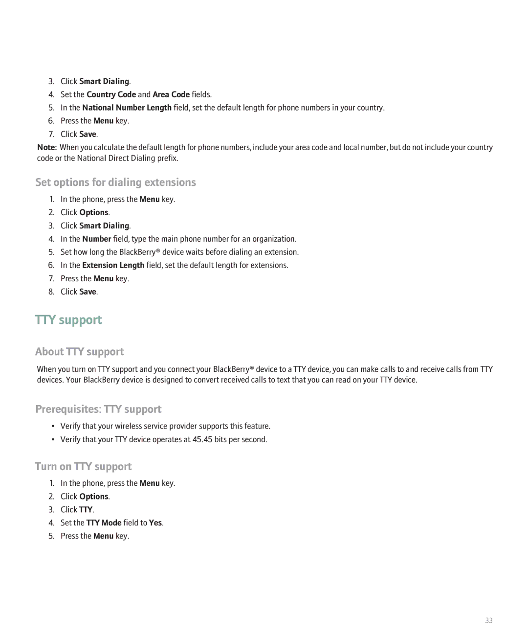 Blackberry 8130 Set options for dialing extensions, About TTY support, Prerequisites TTY support, Turn on TTY support 