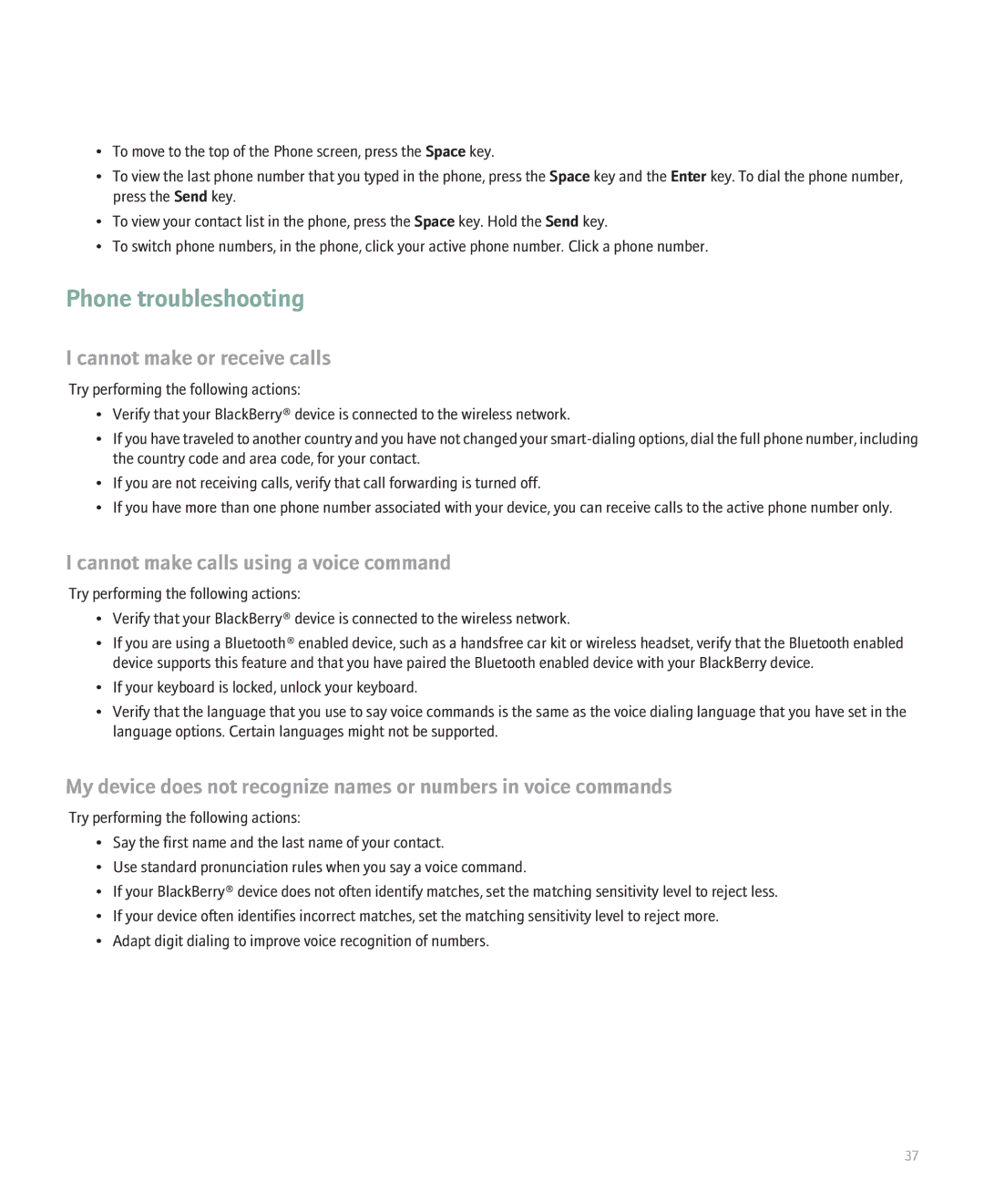Blackberry 8130 manual Phone troubleshooting, Cannot make or receive calls, Cannot make calls using a voice command 