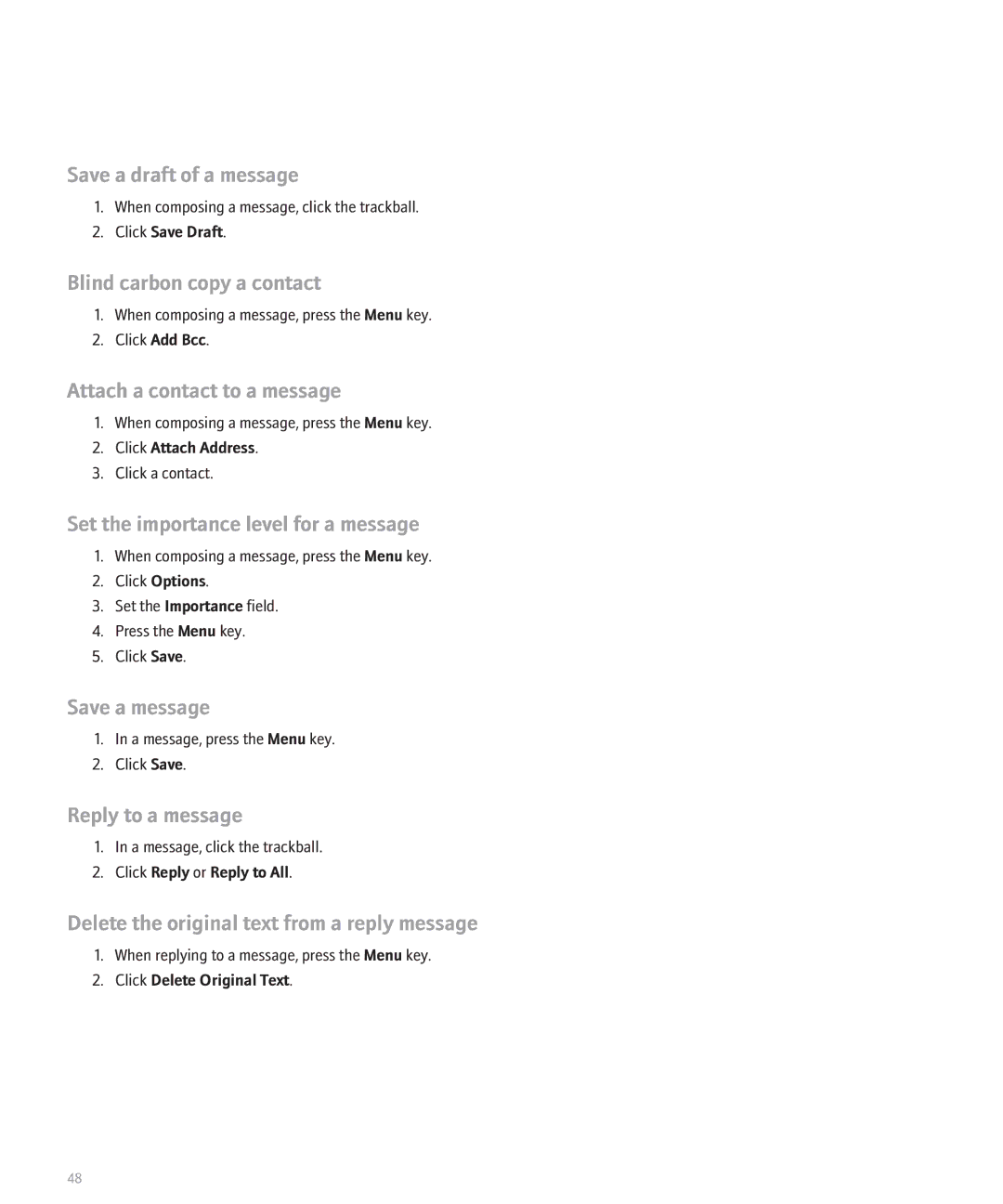Blackberry 8130 Save a draft of a message, Blind carbon copy a contact, Attach a contact to a message, Save a message 