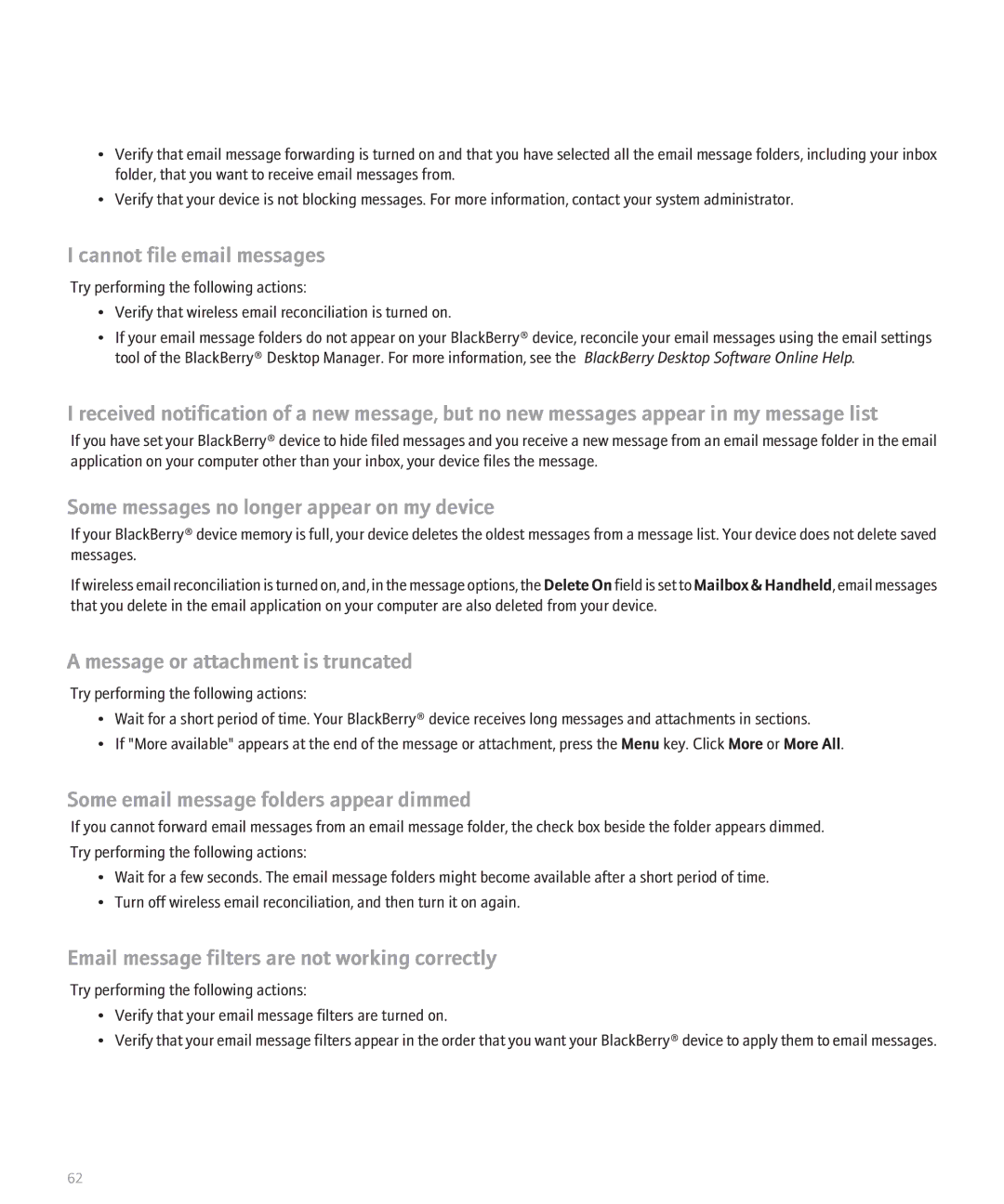 Blackberry 8130 manual Cannot file email messages, Some messages no longer appear on my device 