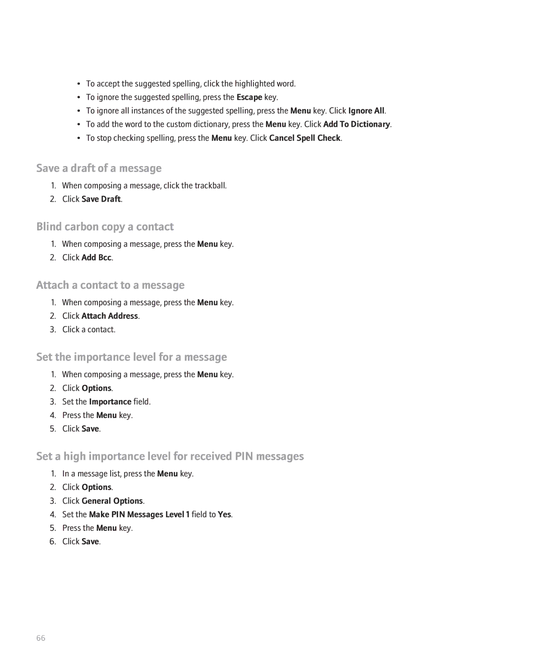Blackberry 8130 manual Save a draft of a message, Set a high importance level for received PIN messages 