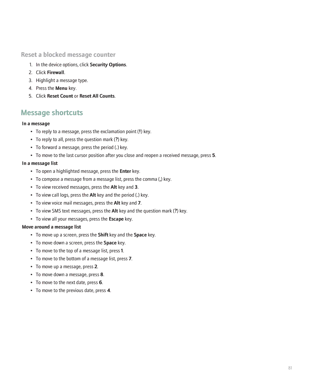 Blackberry 8130 manual Message shortcuts 