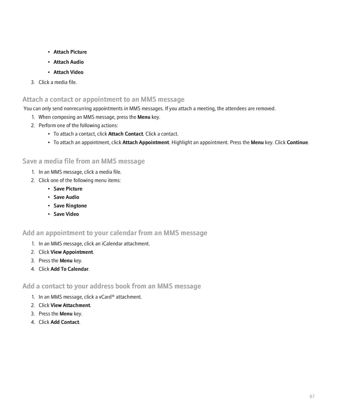 Blackberry 8130 manual Attach a contact or appointment to an MMS message, Save a media file from an MMS message 