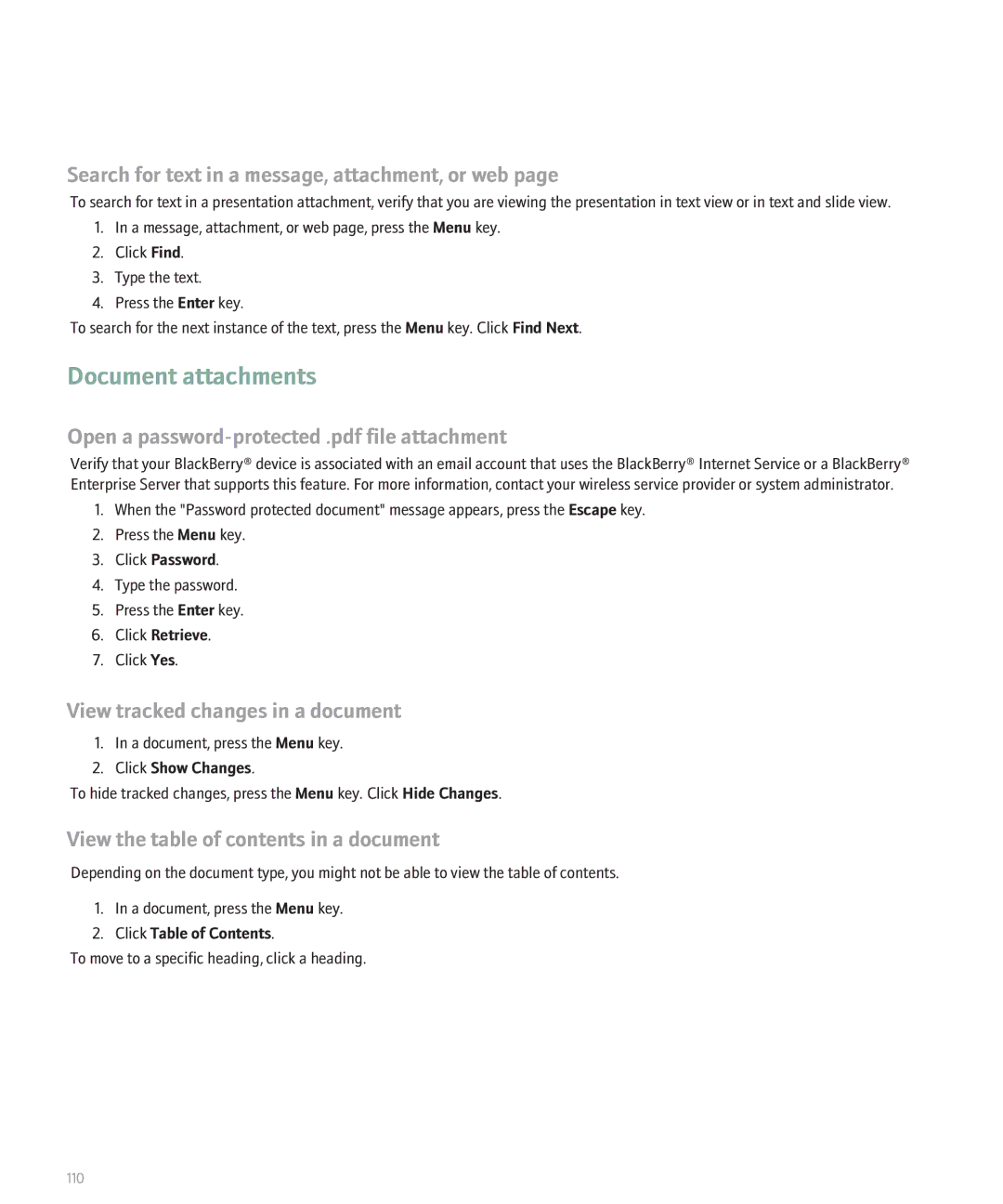 Blackberry 8130 manual Document attachments, View tracked changes in a document, View the table of contents in a document 