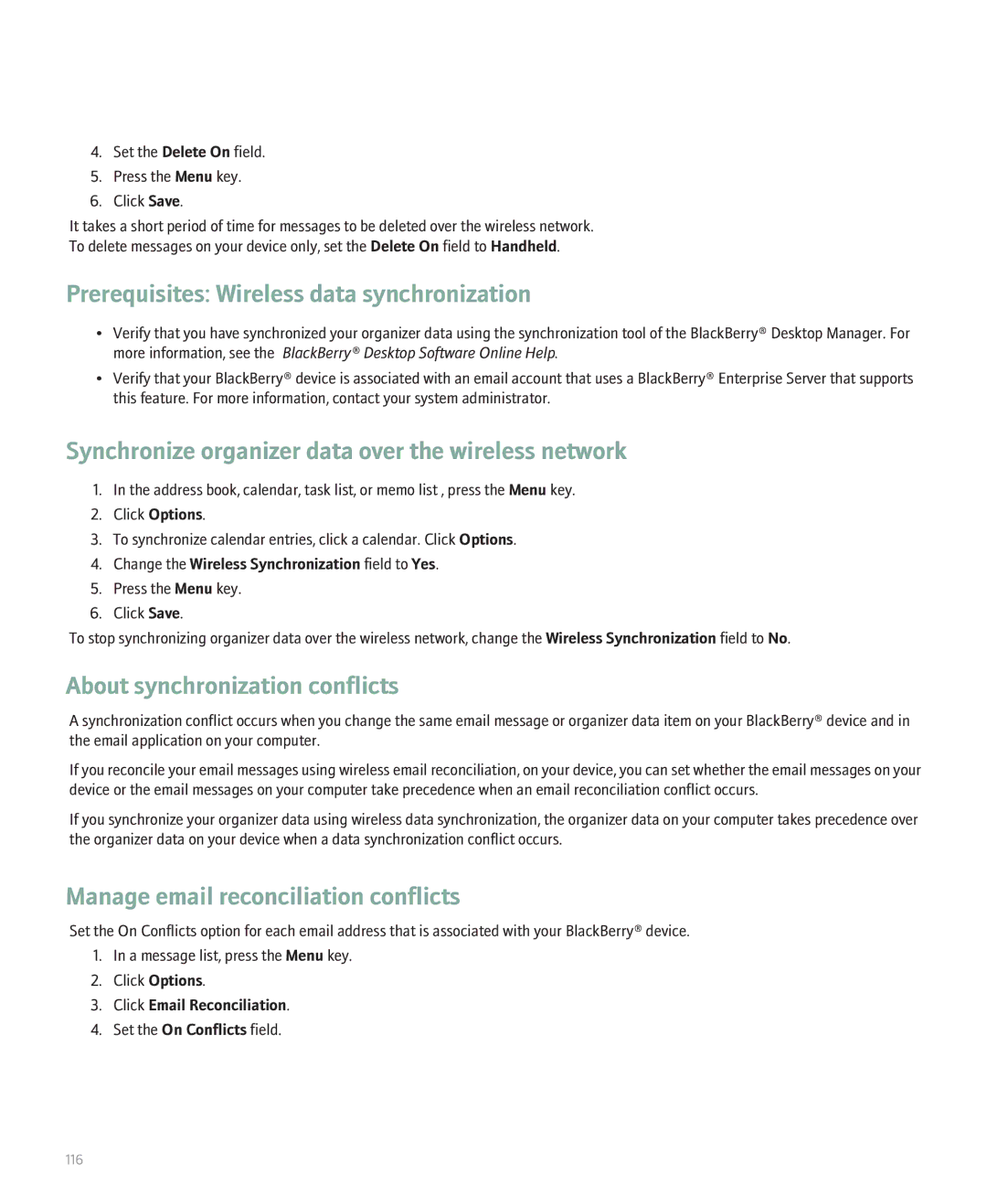 Blackberry 8130 manual Prerequisites Wireless data synchronization, Synchronize organizer data over the wireless network 