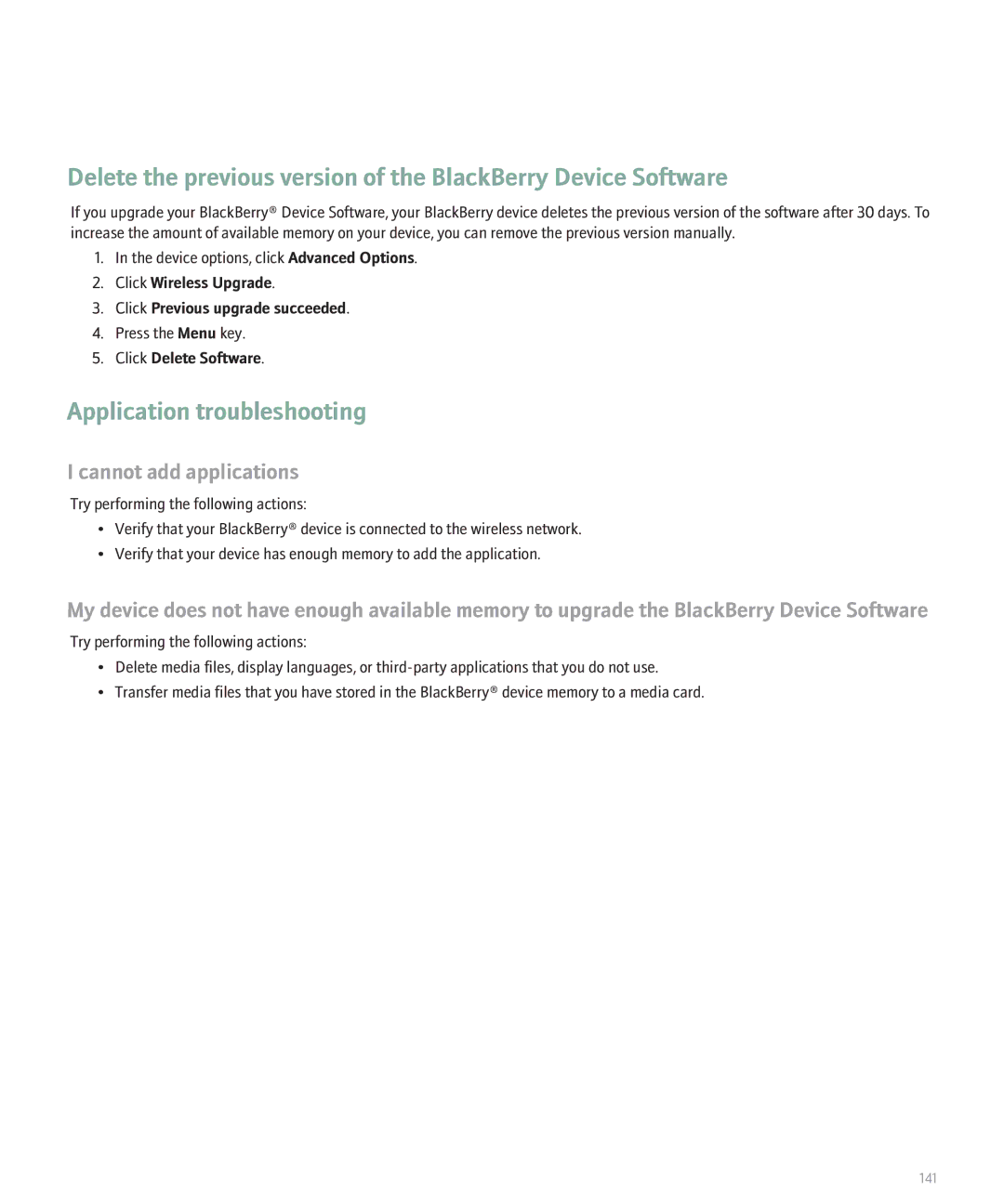 Blackberry 8130 manual Application troubleshooting, Cannot add applications, Click Delete Software 