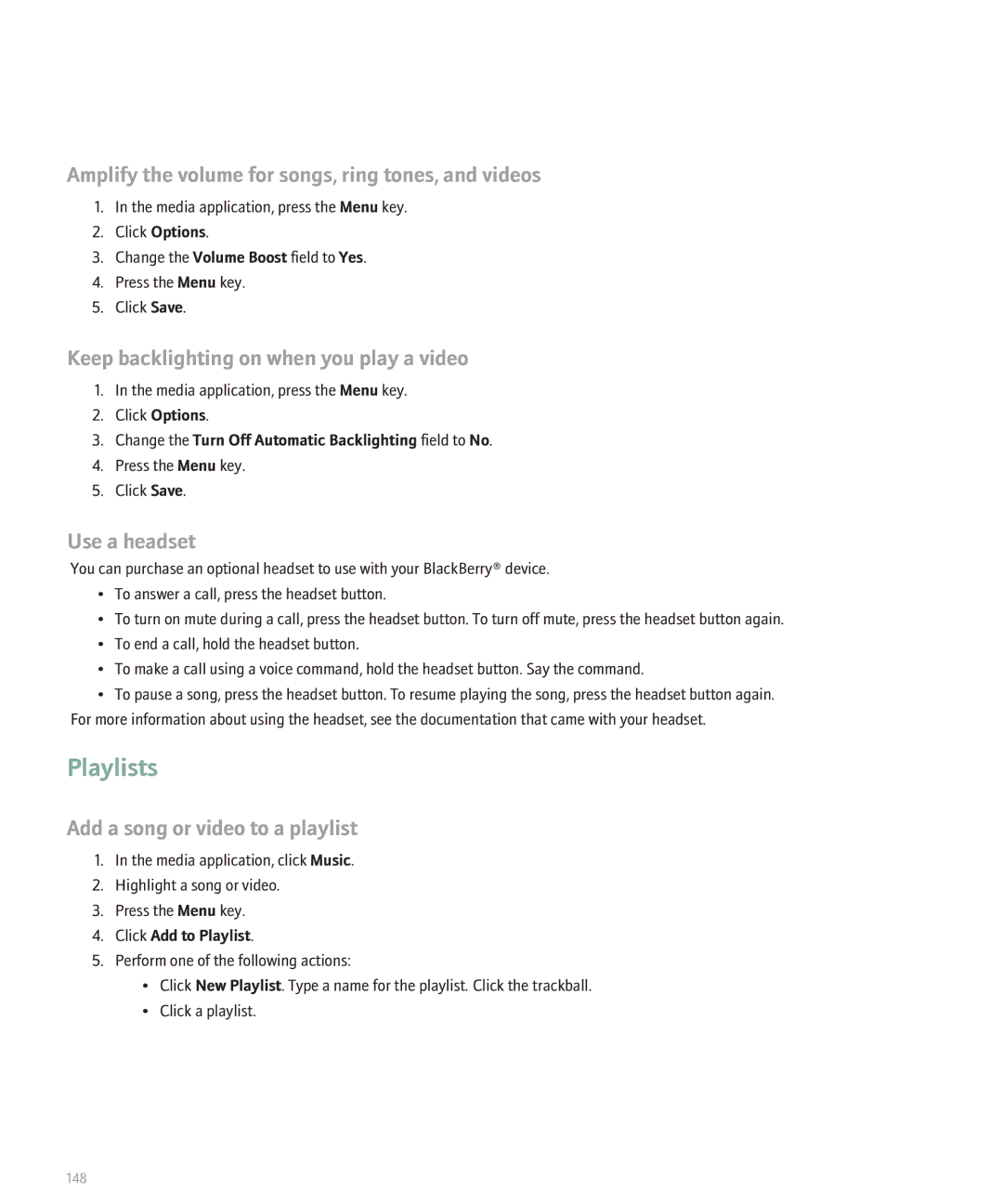 Blackberry 8130 manual Playlists, Amplify the volume for songs, ring tones, and videos, Add a song or video to a playlist 