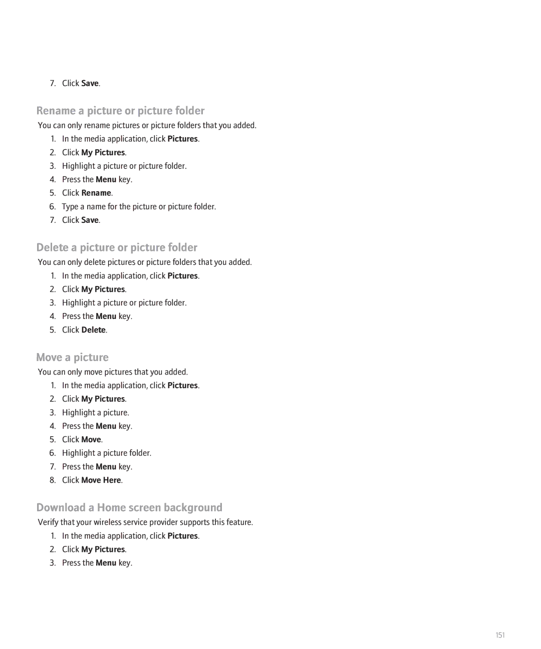Blackberry 8130 manual Rename a picture or picture folder, Delete a picture or picture folder, Move a picture 