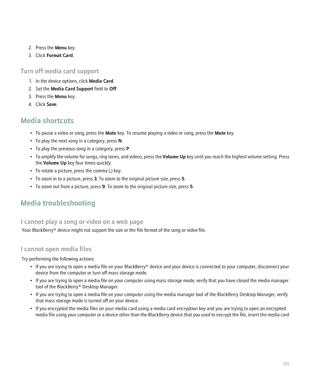 Blackberry 8130 manual Media troubleshooting, Turn off media card support, Cannot play a song or video on a web 