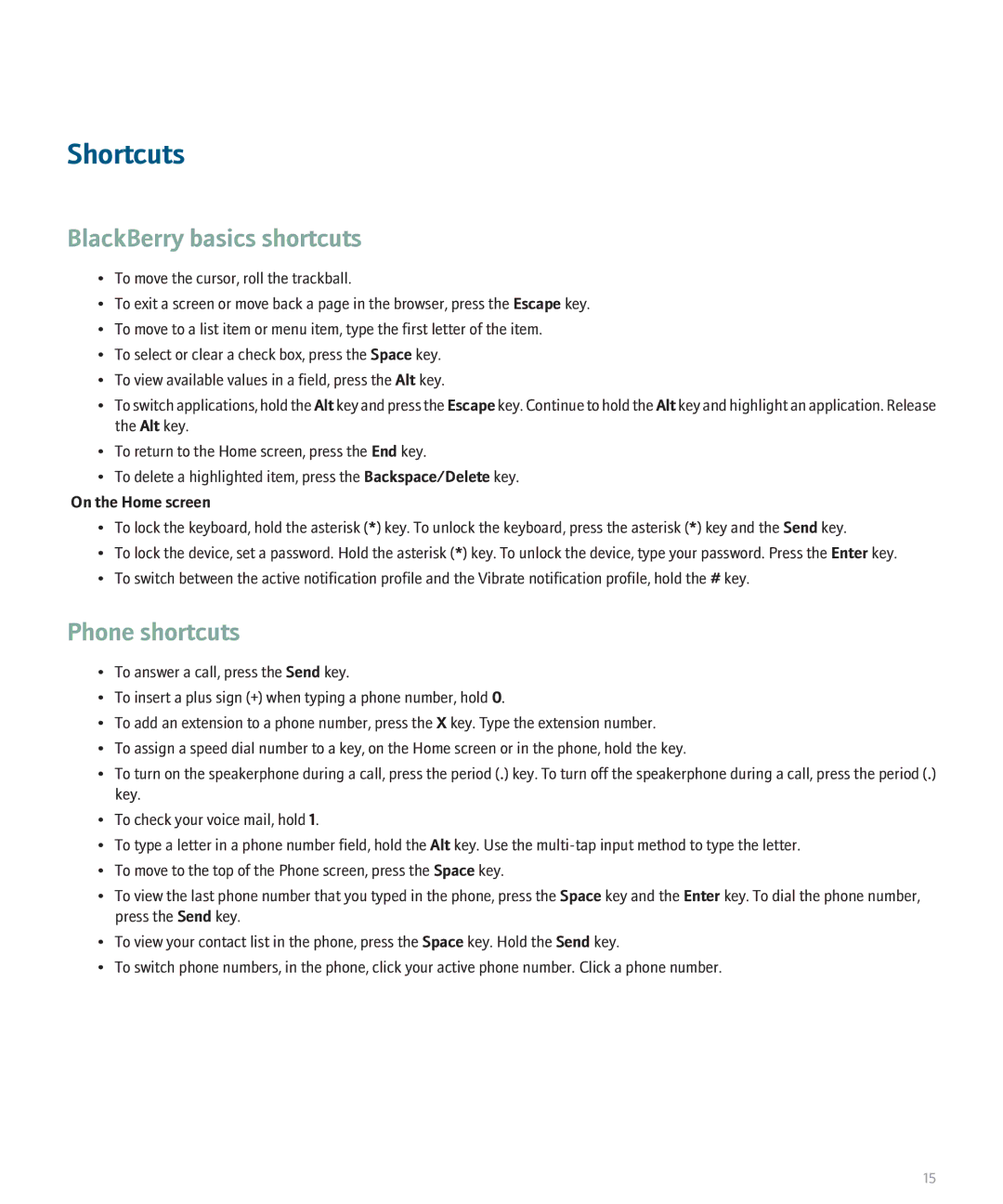 Blackberry 8130 manual Shortcuts, Phone shortcuts 