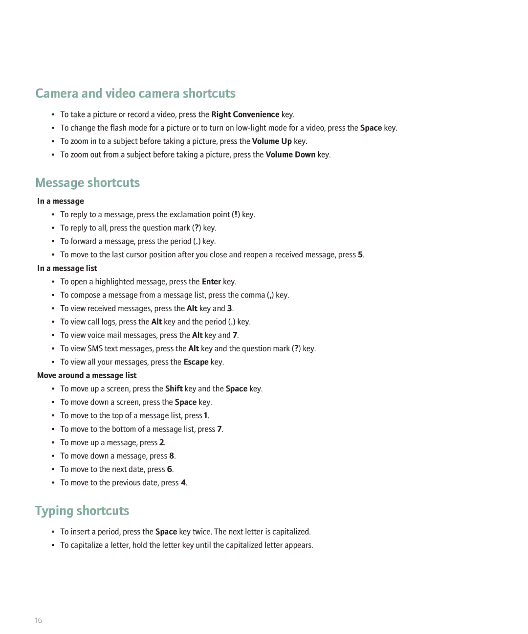 Blackberry 8130 manual Camera and video camera shortcuts, Message shortcuts, Typing shortcuts 