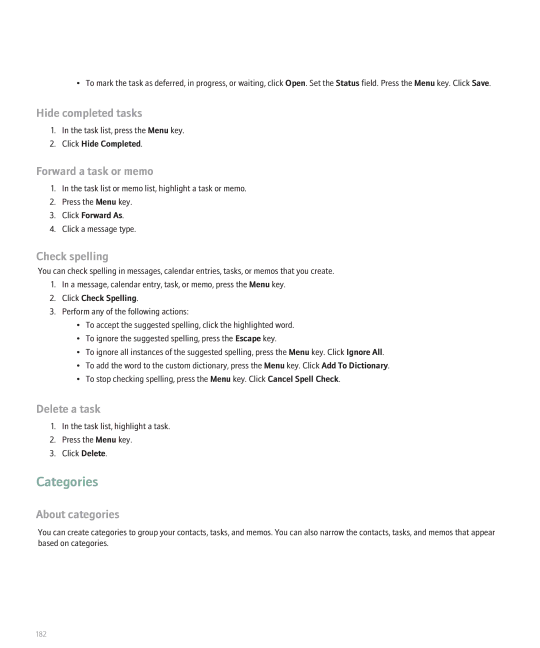 Blackberry 8130 manual Hide completed tasks, Forward a task or memo, Delete a task, Click Hide Completed, Click Forward As 