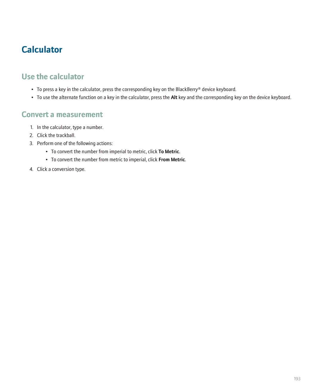 Blackberry 8130 manual Calculator, Use the calculator, Convert a measurement 