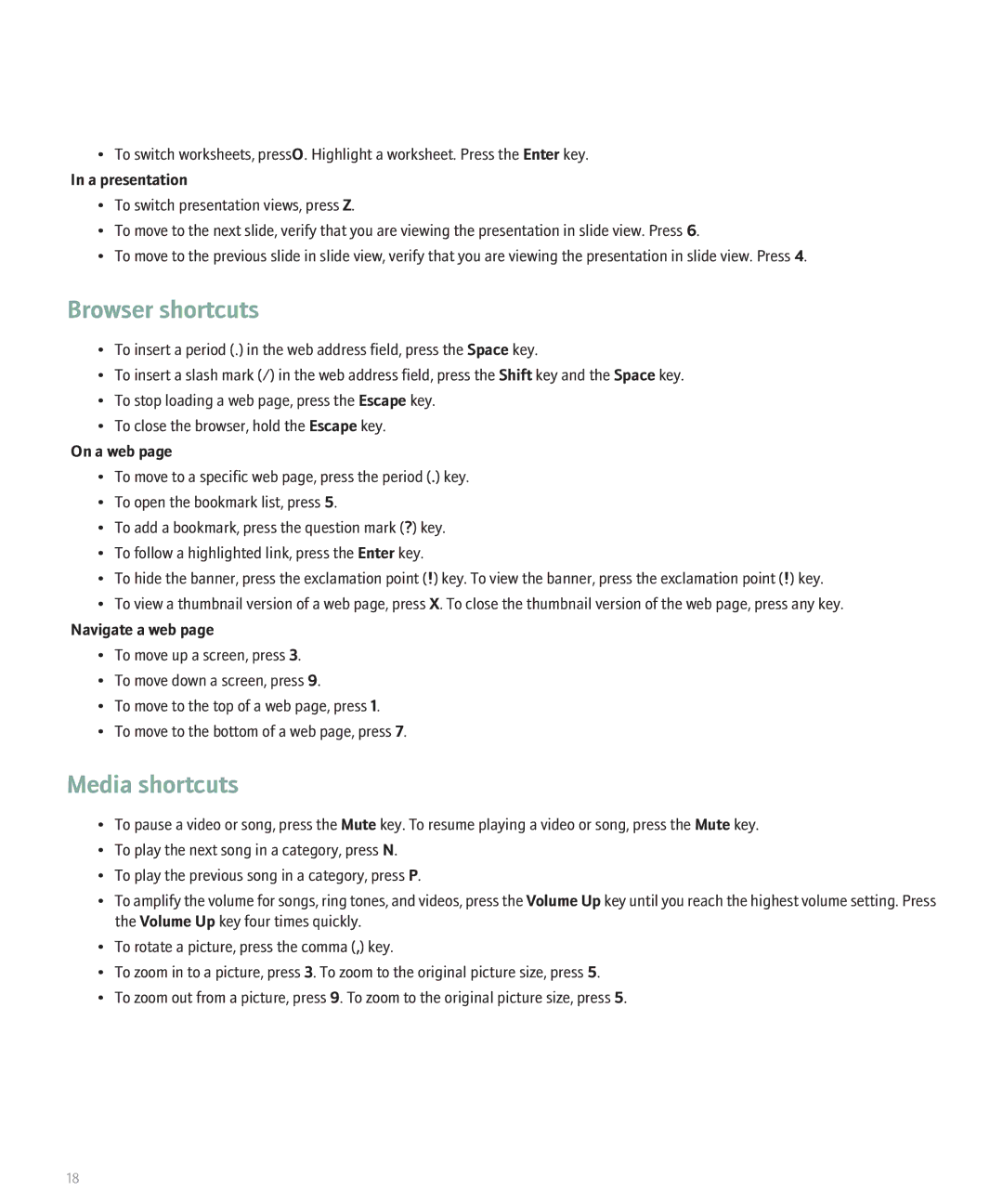 Blackberry 8130 manual Browser shortcuts, Media shortcuts, A presentation, On a web, Navigate a web 