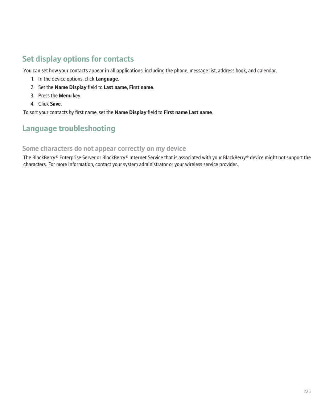 Blackberry 8130 manual Set display options for contacts, Language troubleshooting 