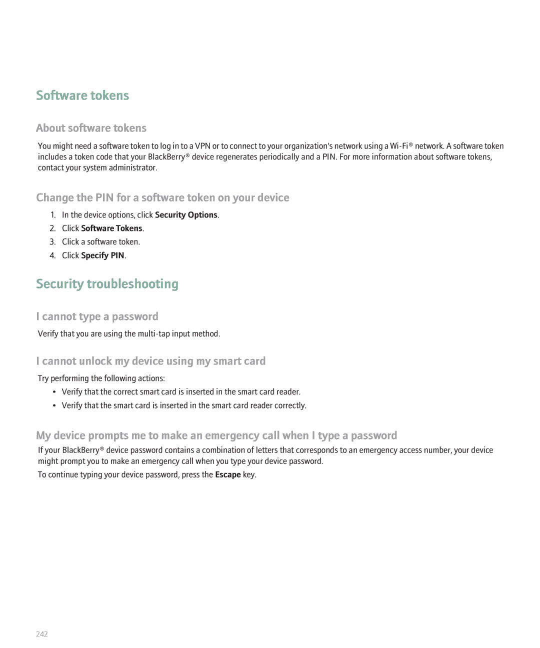 Blackberry 8130 manual Software tokens, Security troubleshooting, About software tokens 