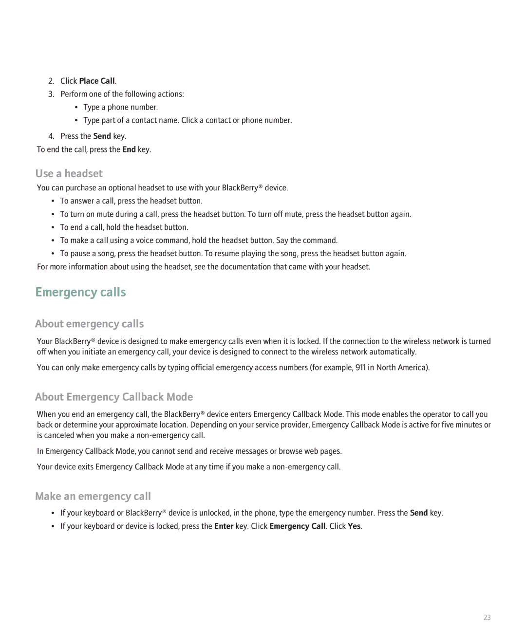 Blackberry 8130 manual Emergency calls, Use a headset, About emergency calls, About Emergency Callback Mode 