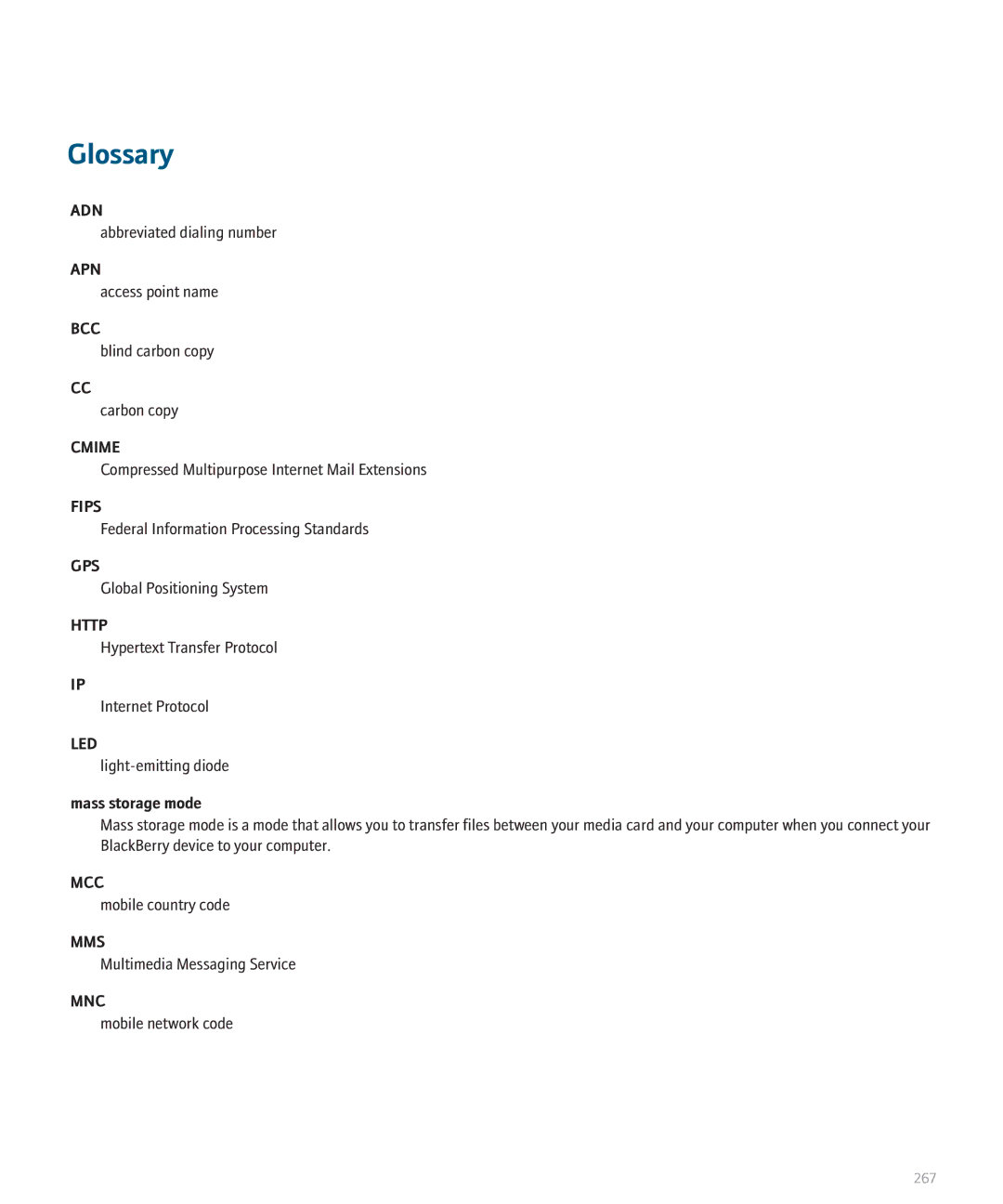 Blackberry 8130 manual Glossary, Mass storage mode 