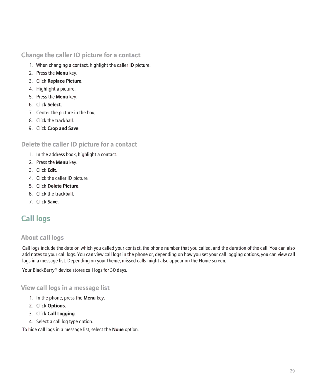 Blackberry 8130 manual Call logs, Change the caller ID picture for a contact, Delete the caller ID picture for a contact 