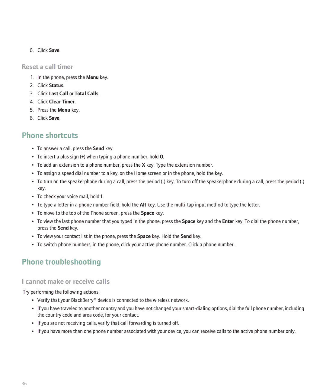 Blackberry 8130 manual Phone troubleshooting, Reset a call timer, Cannot make or receive calls 