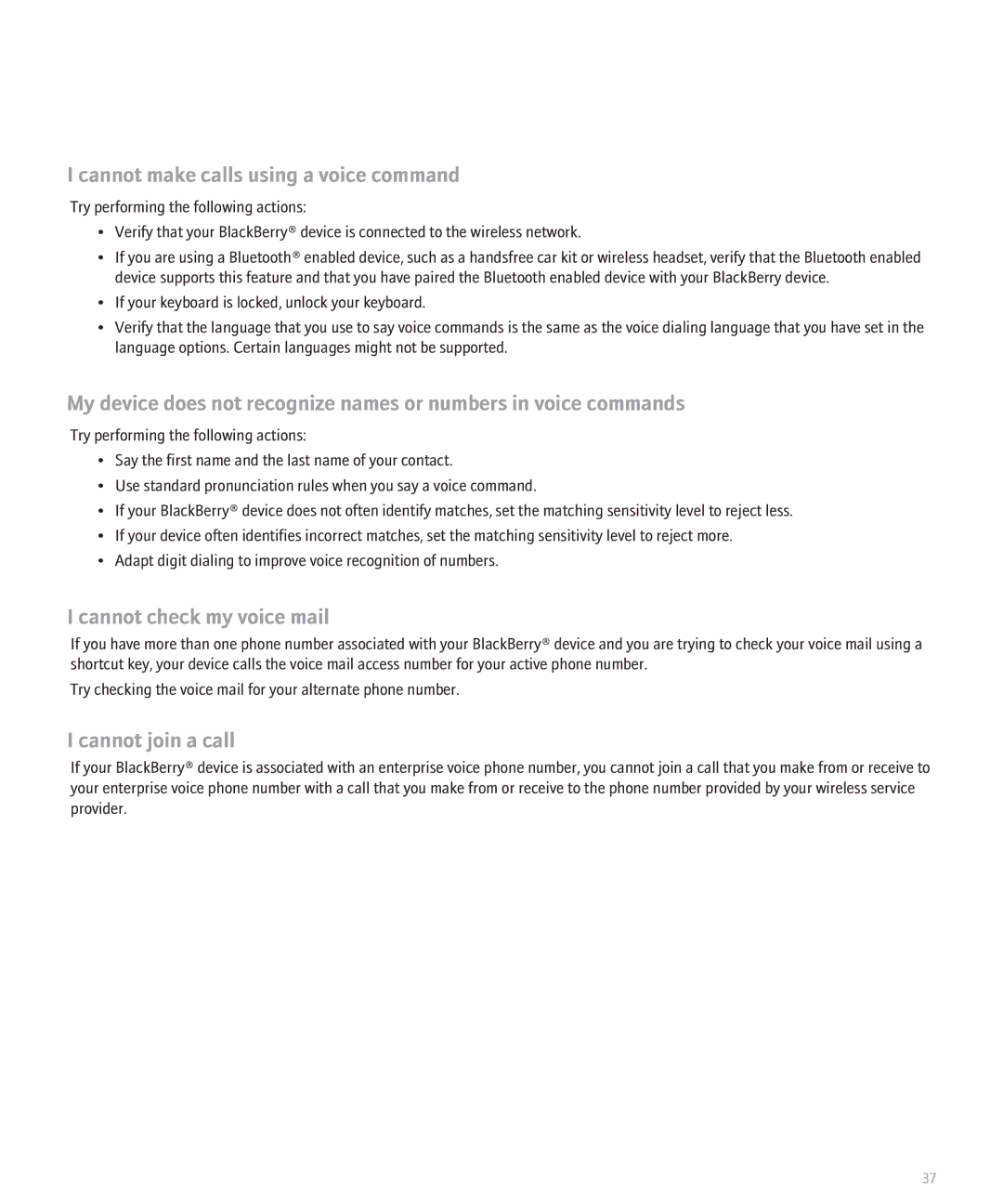 Blackberry 8130 manual Cannot make calls using a voice command, Cannot check my voice mail, Cannot join a call 