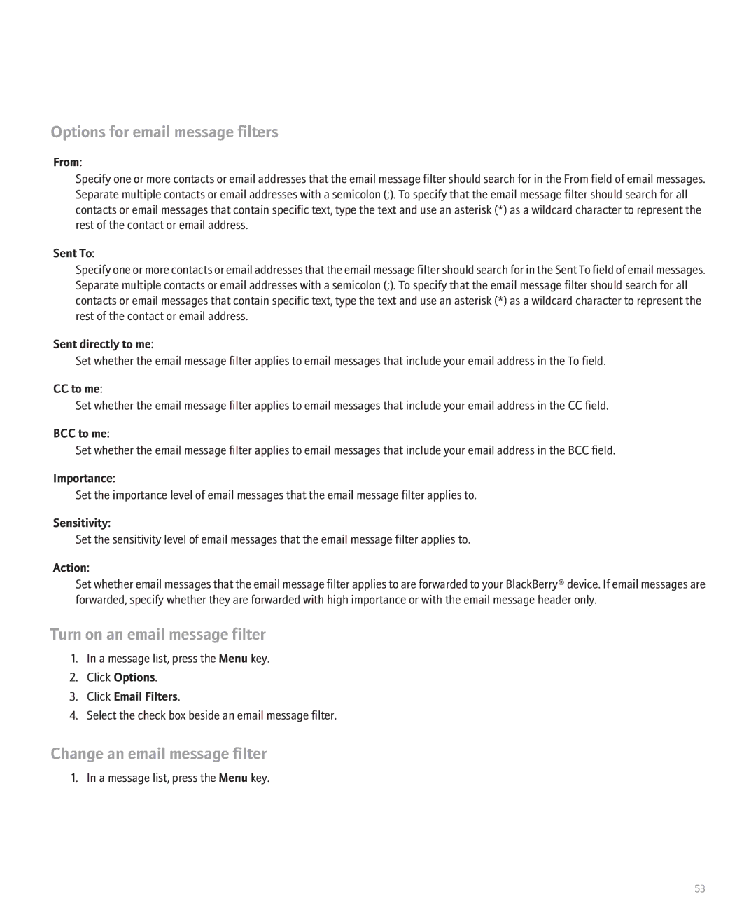 Blackberry 8130 manual Options for email message filters, Turn on an email message filter, Change an email message filter 