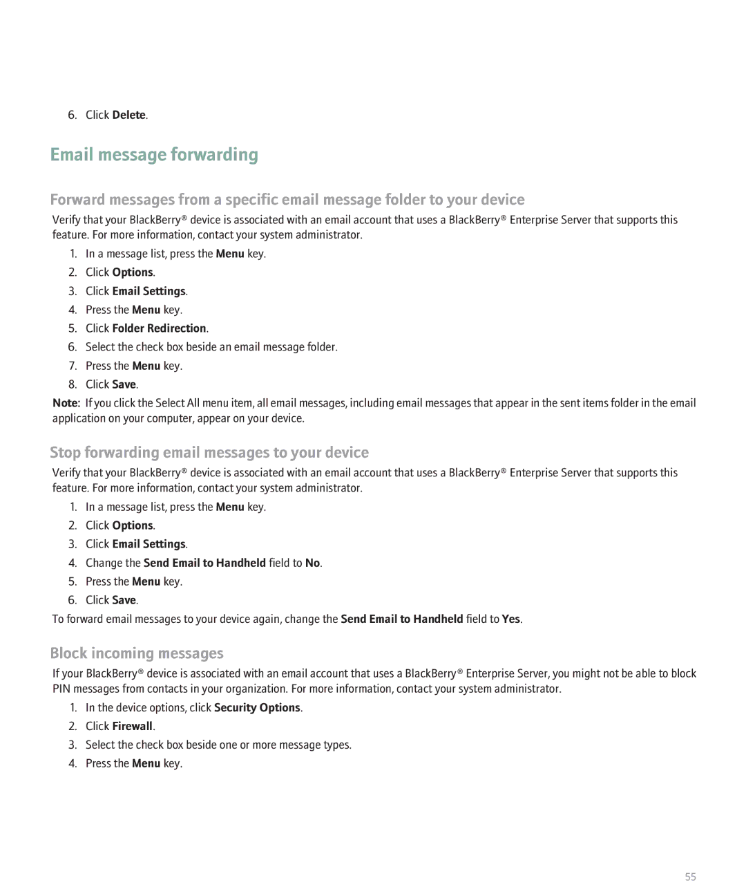 Blackberry 8130 manual Email message forwarding, Stop forwarding email messages to your device, Block incoming messages 