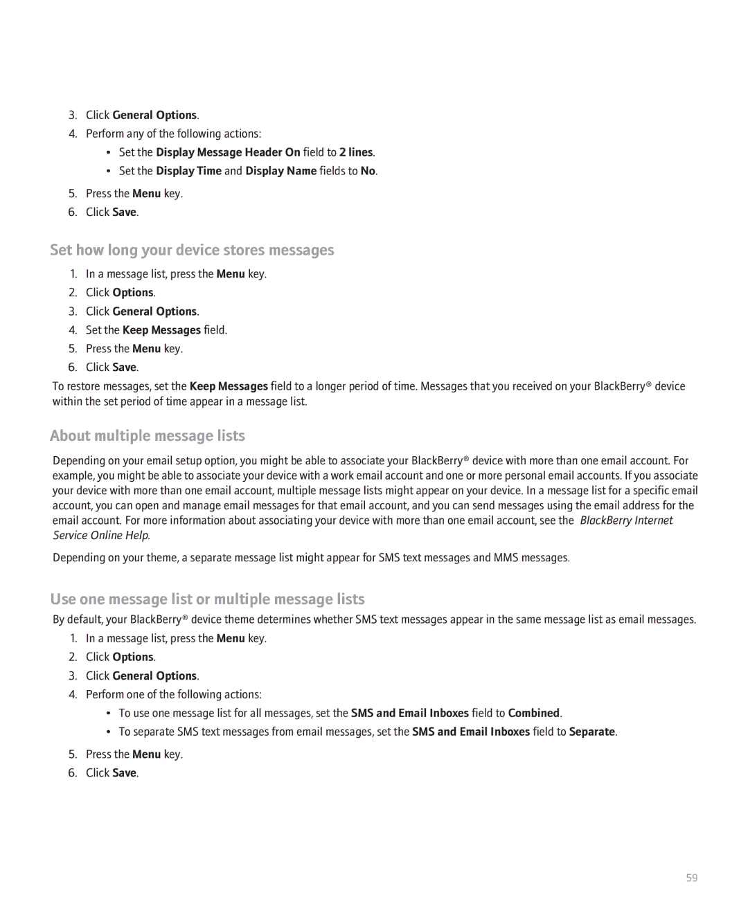 Blackberry 8130 manual Set how long your device stores messages, About multiple message lists 