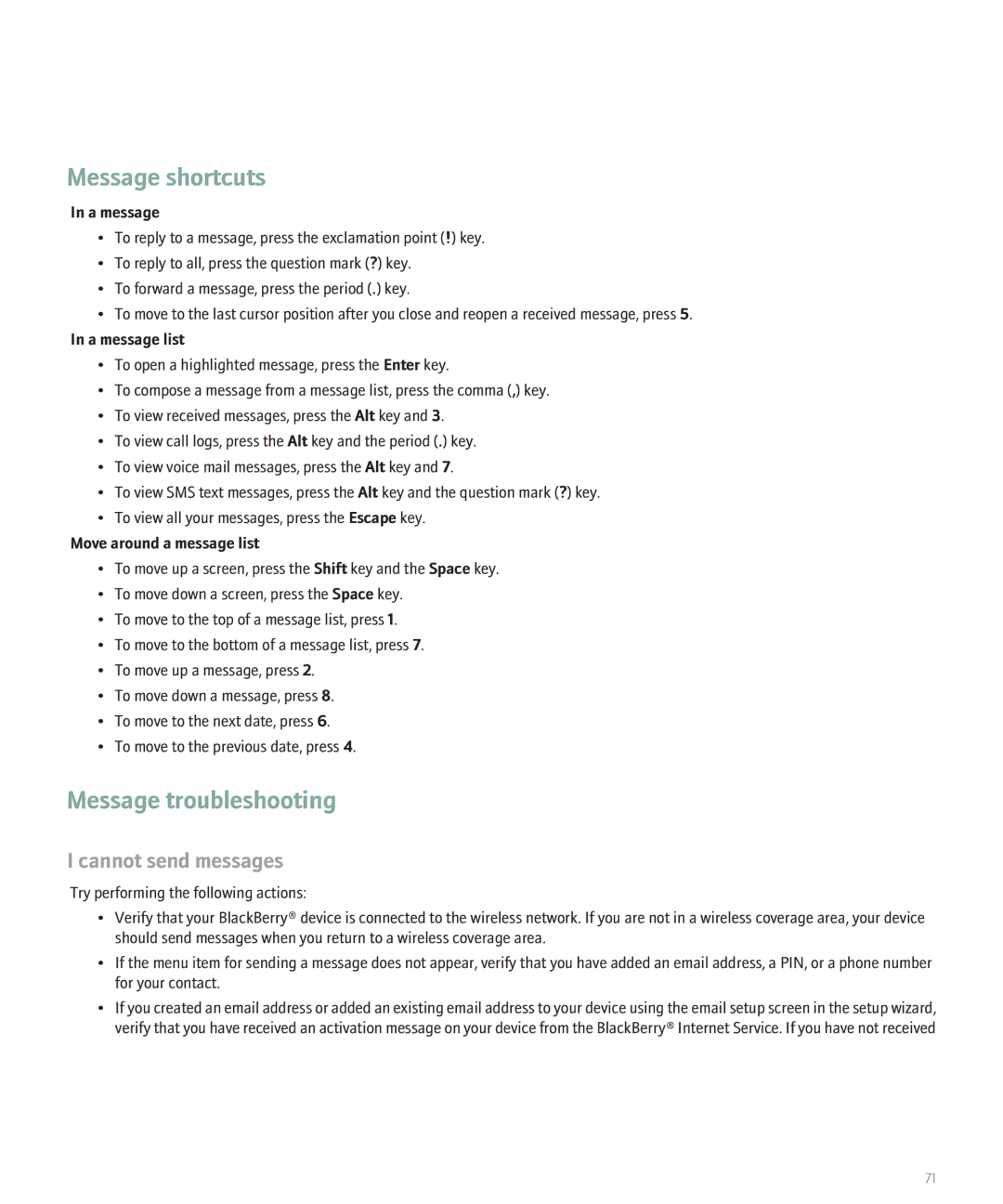 Blackberry 8130 manual Message shortcuts 