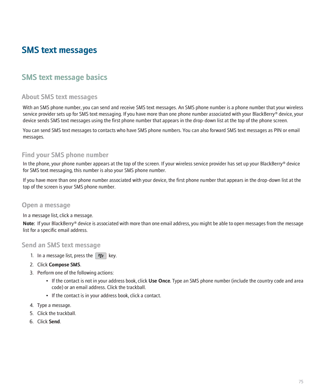 Blackberry 8130 SMS text message basics, About SMS text messages, Find your SMS phone number, Send an SMS text message 