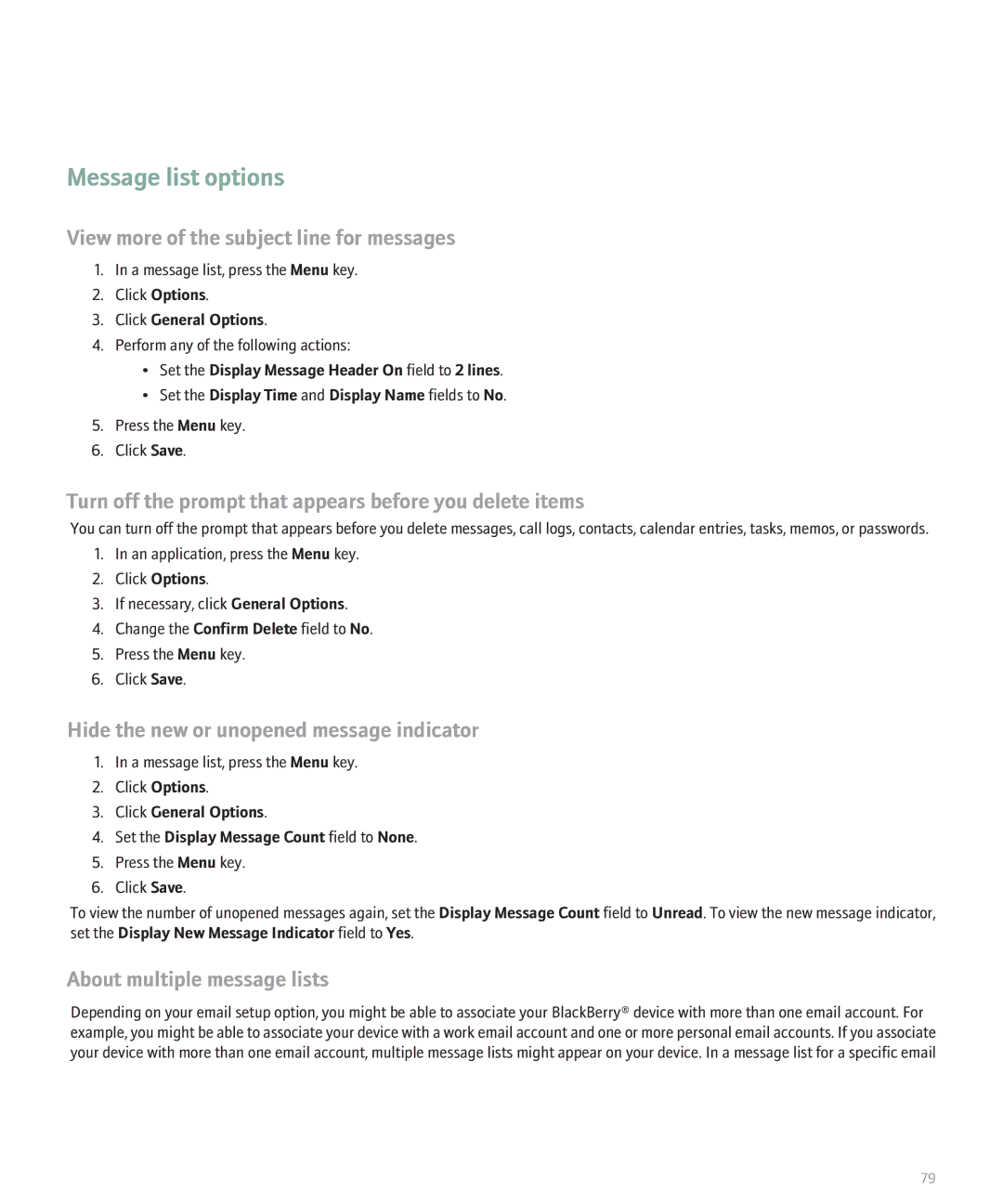 Blackberry 8130 manual Message list options 