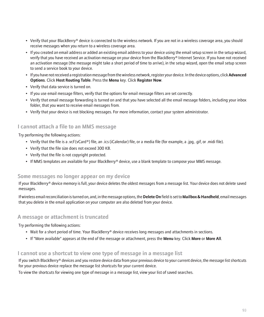 Blackberry 8130 manual Cannot attach a file to an MMS message, Some messages no longer appear on my device 