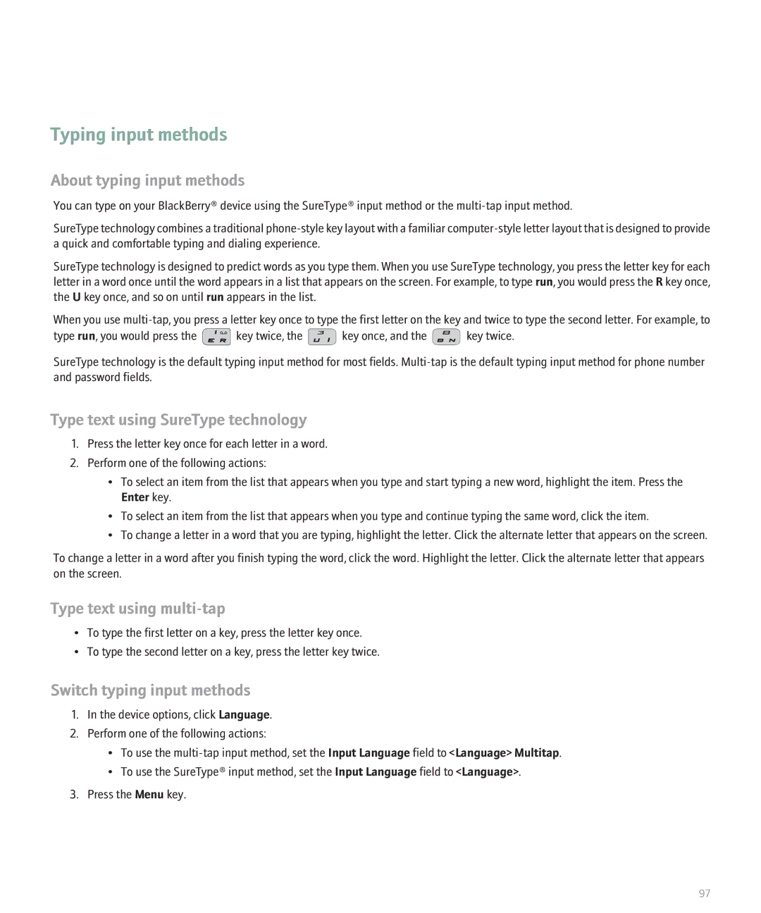 Blackberry 8130 manual Typing input methods, About typing input methods, Type text using SureType technology 