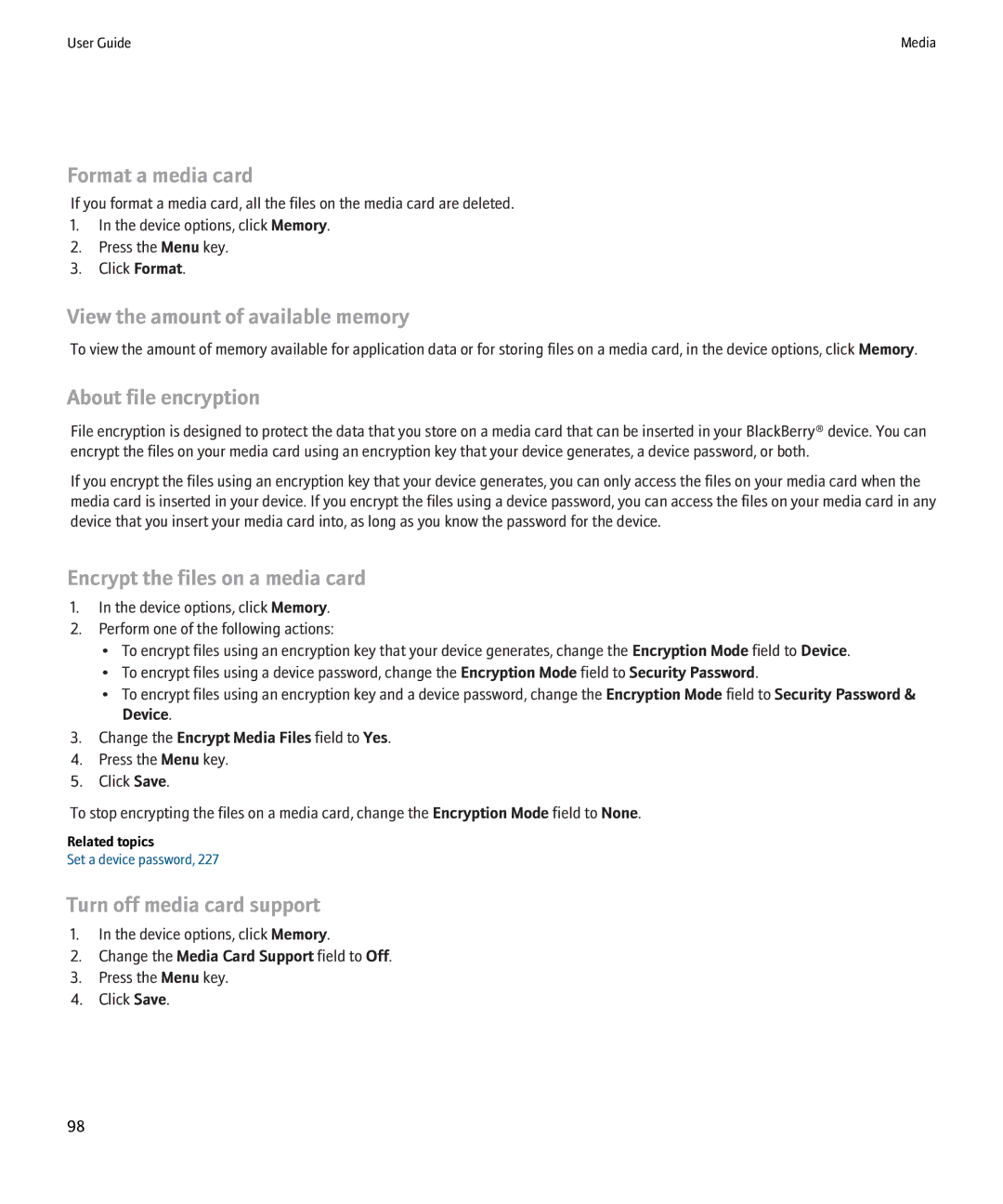 Blackberry 8220 manual Format a media card, View the amount of available memory, About file encryption 